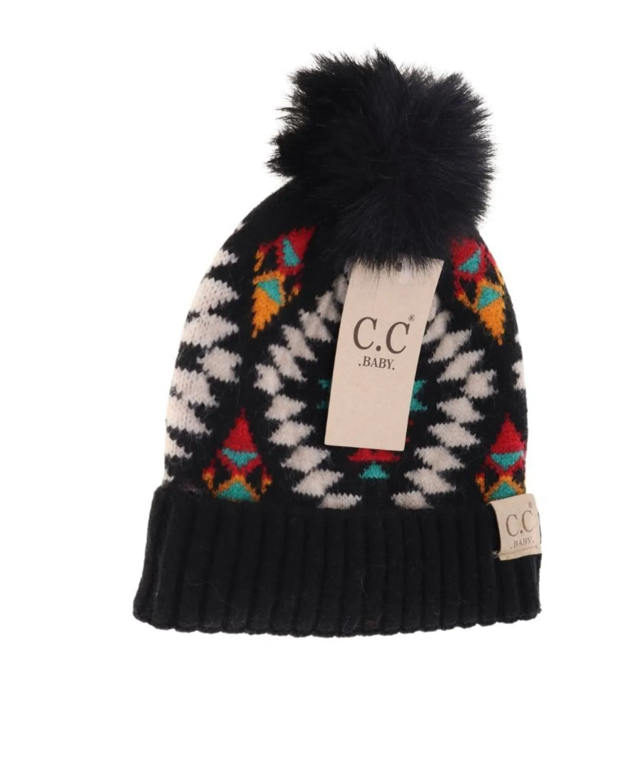 C.C. Baby Beanie Aztec Faux Fur Pom
