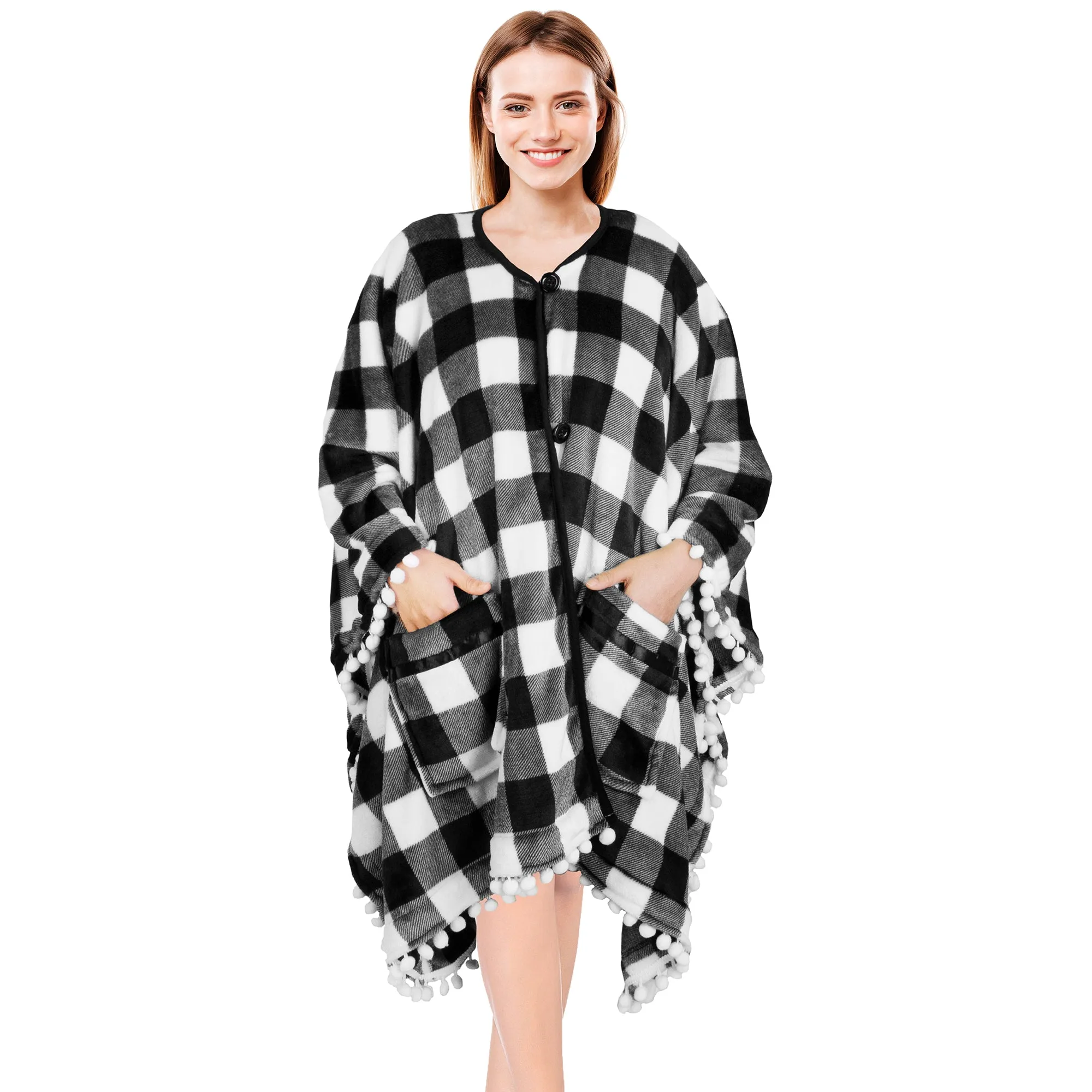 Classic Pom Pom Fringe Poncho Blanket