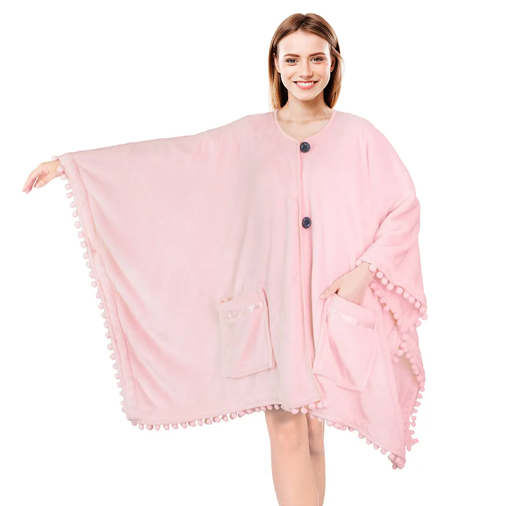 Classic Pom Pom Fringe Poncho Blanket