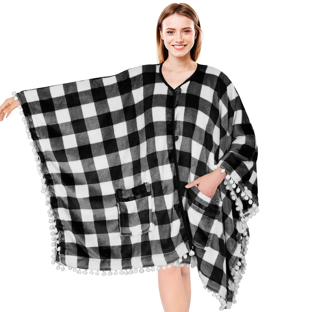 Classic Pom Pom Fringe Poncho Blanket