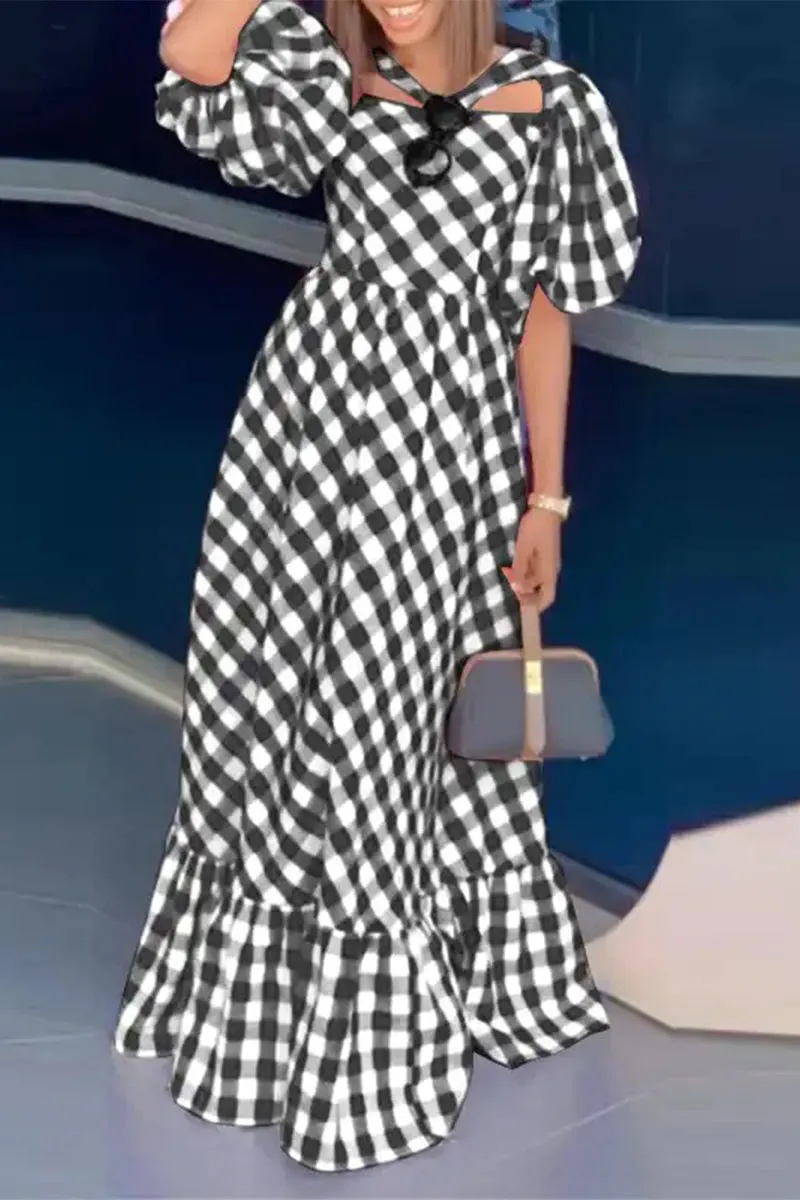Elegant Plaid Contrast V Neck A Line Short Sleeve Dress