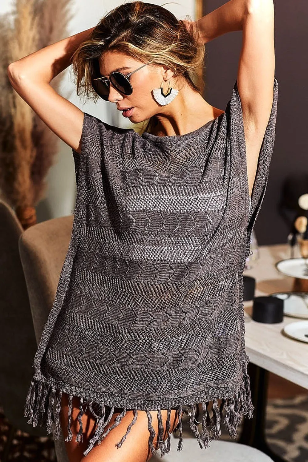 Hadewig - Fringed Hem Short Sleeve Knit Top - Mocha - Exclusively Online