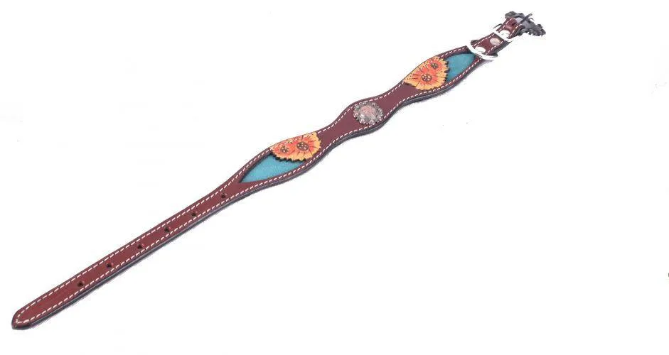 Hand Painted Sunflowers  leather dog collar with copper buckle.