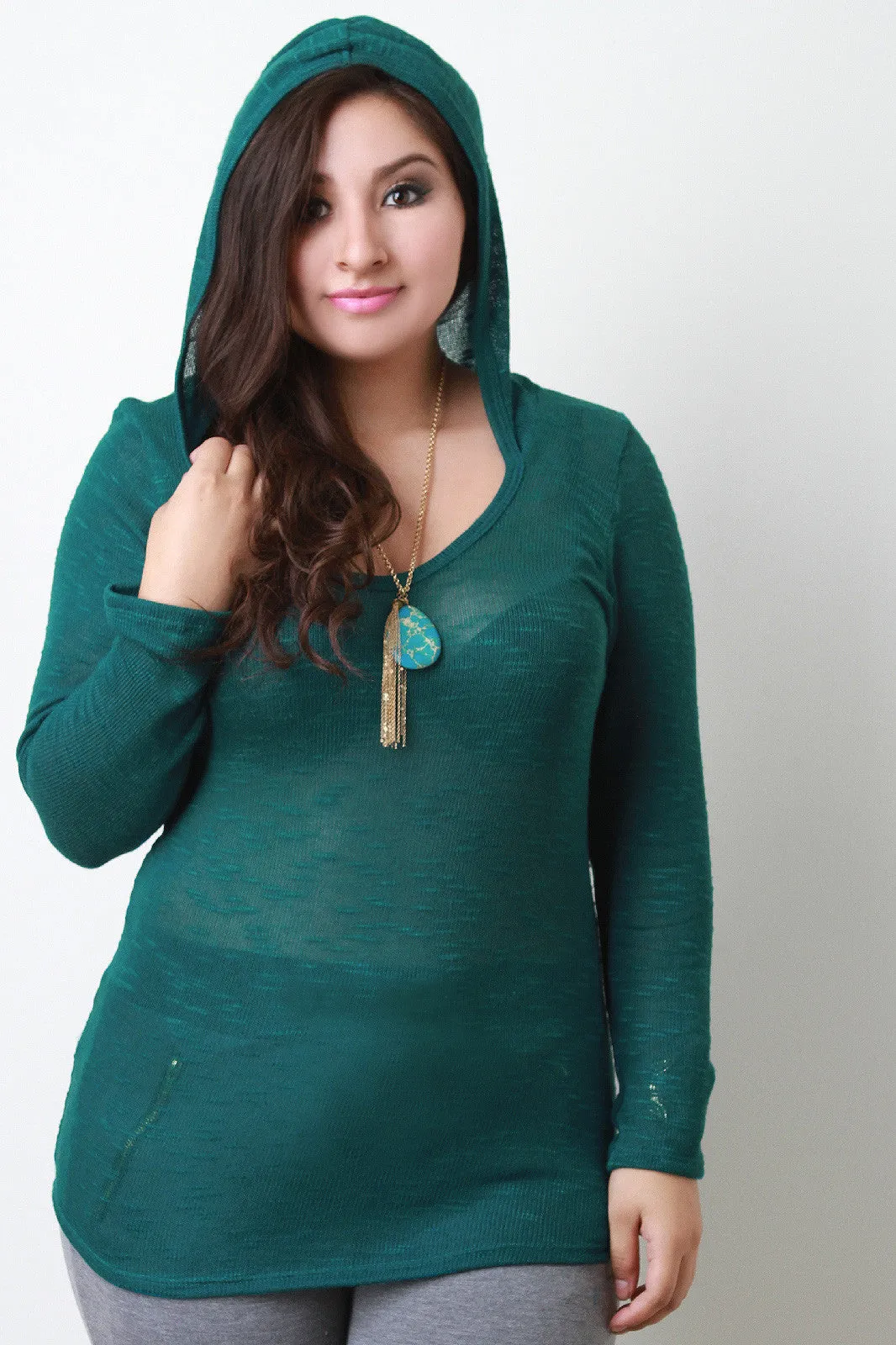 Hooded Semi-Sheer Slub Knit Top