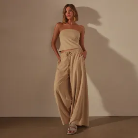 Lightweight Matte Sateen Wide Leg Pant - Sand Dune