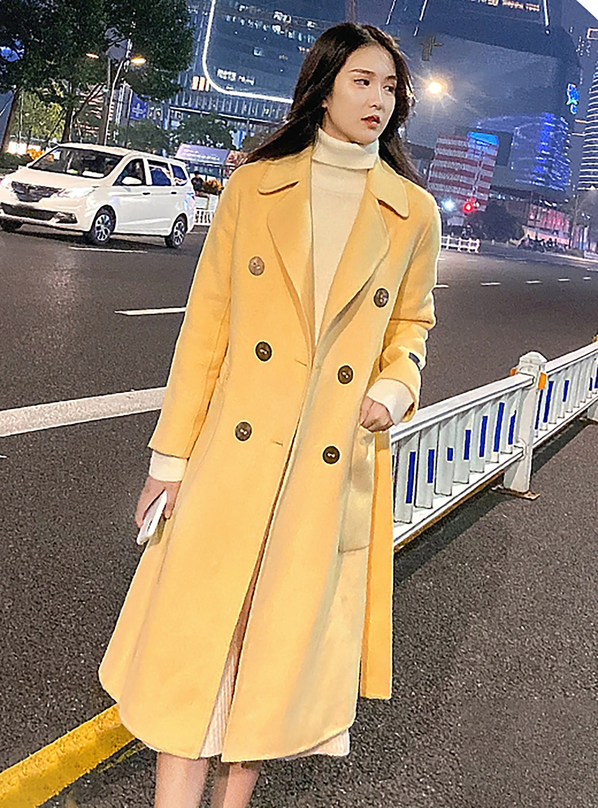 Notched Lapel Double Breasted Wool Long Coat