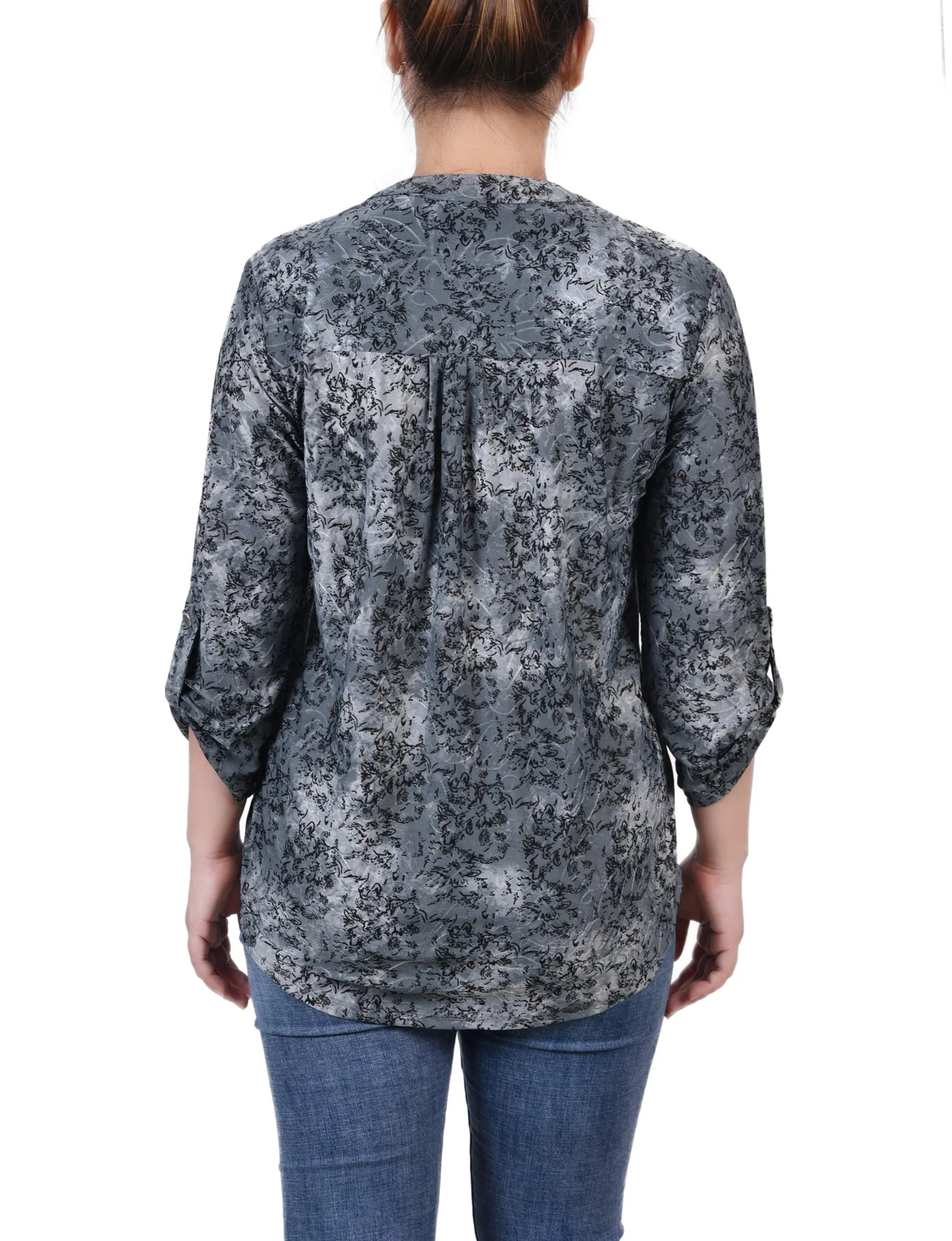 Petite 3/4 Sleeve Roll Tab Y Neck Pullover Top