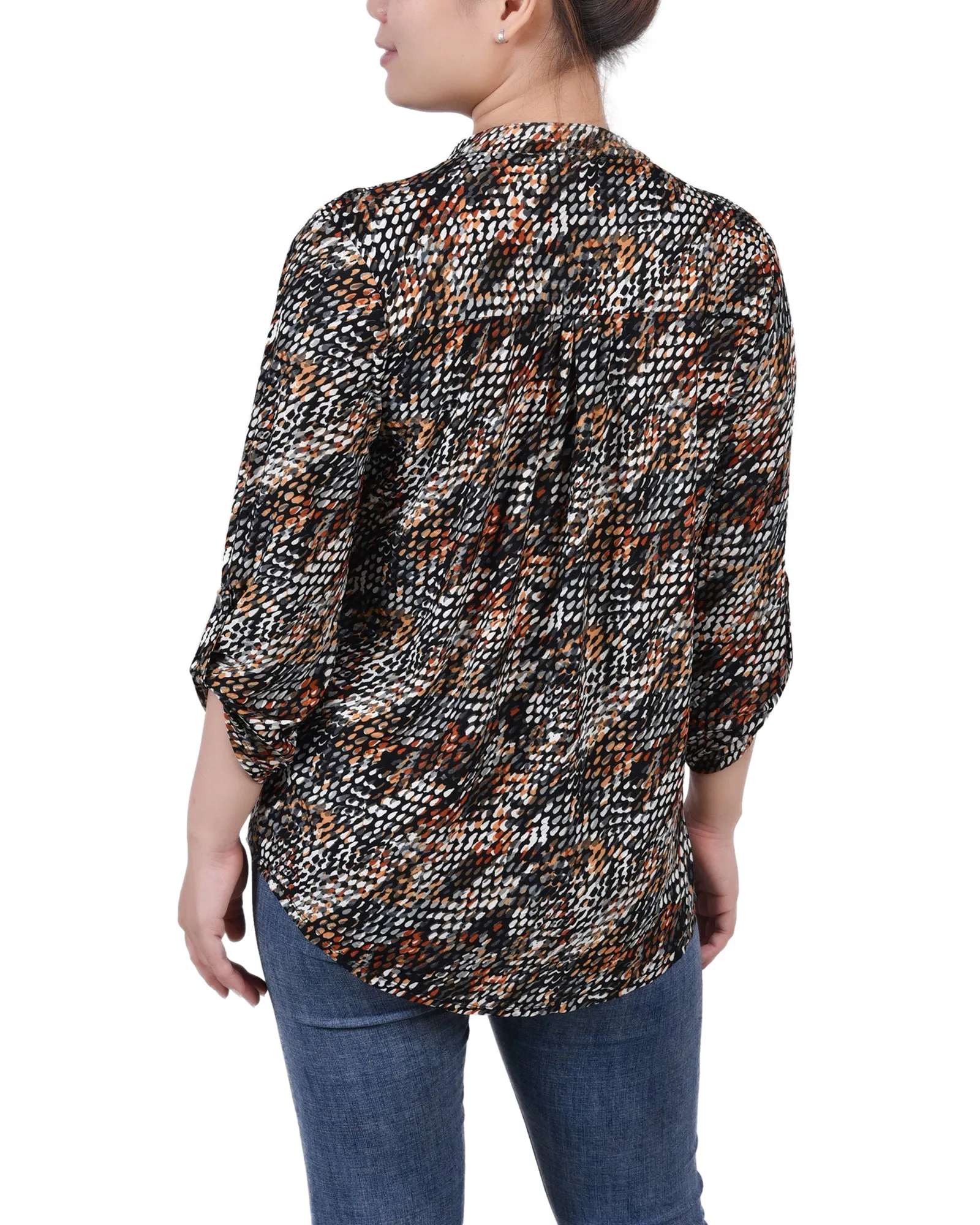 Petite 3/4 Sleeve Roll Tab Y Neck Pullover Top