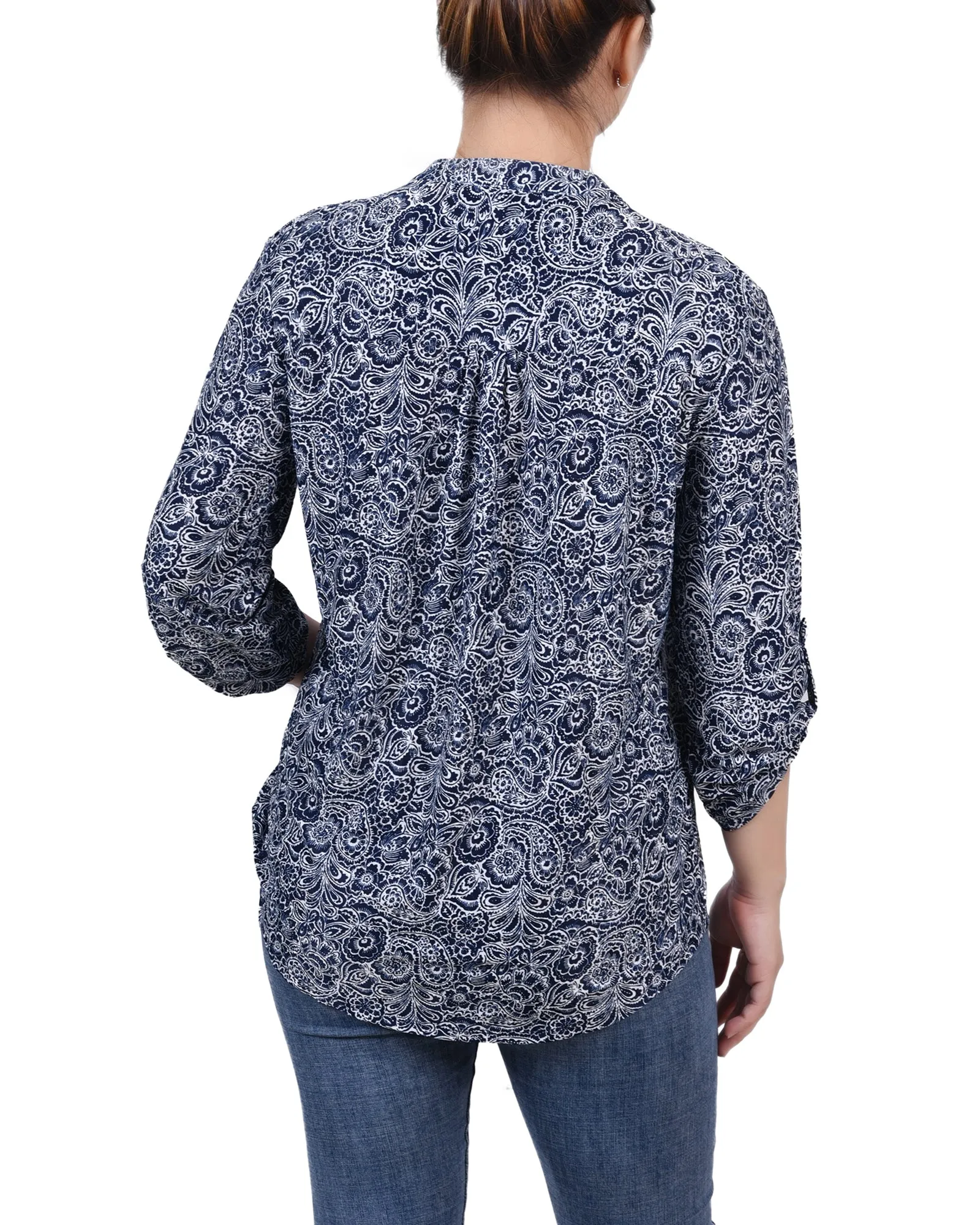 Petite 3/4 Sleeve Roll Tab Y Neck Pullover Top