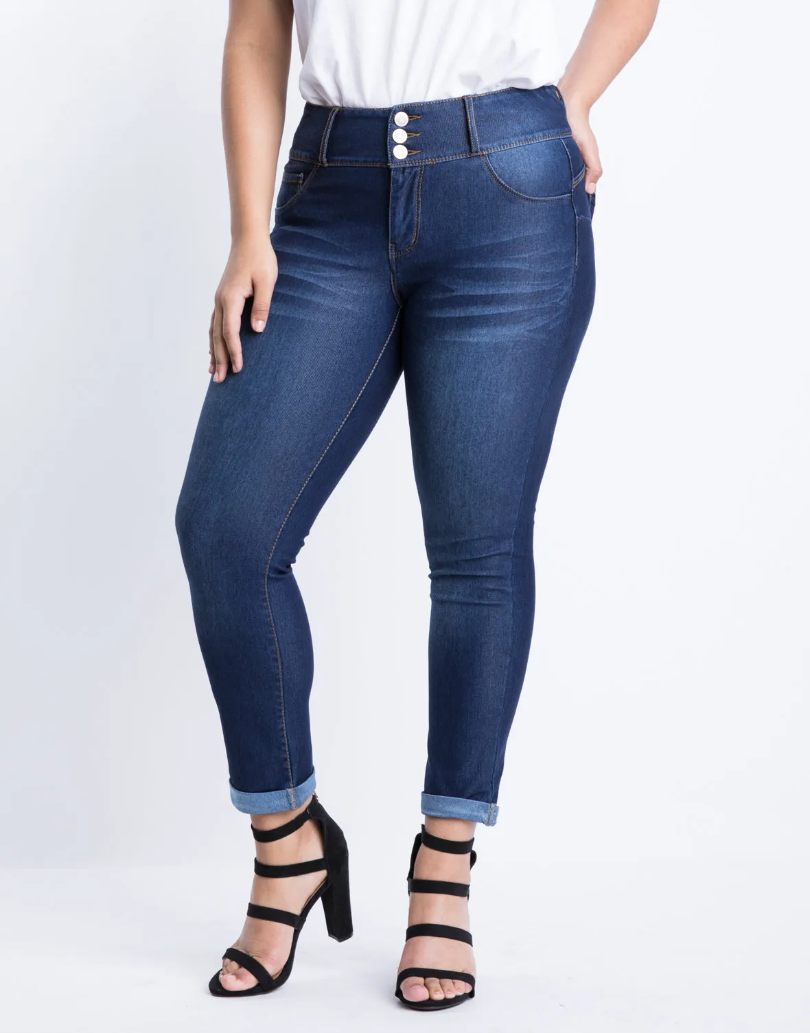 Plus Size Buttoned Up Cuffed Skinny Jeans