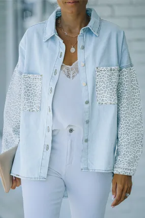 Sky Blue Contrast Leopard Denim Jacket