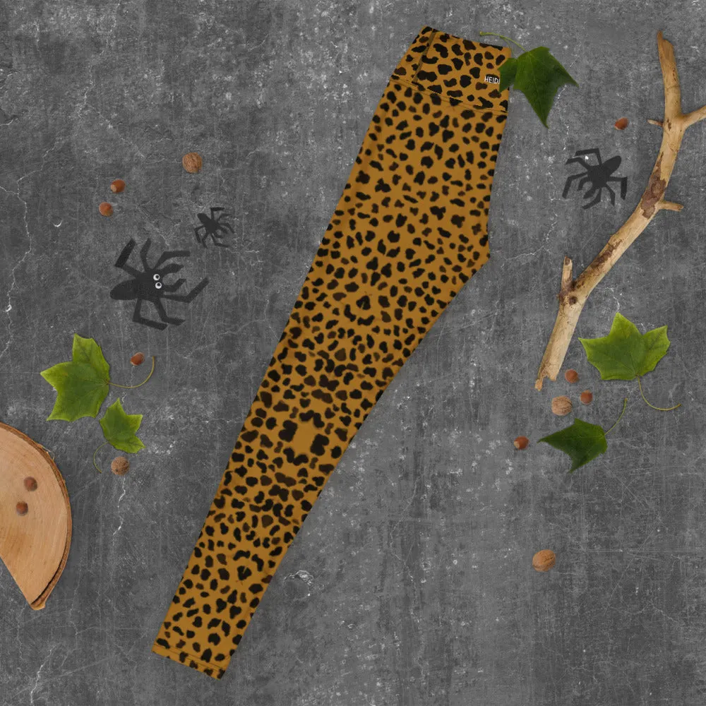Tan Cheetah Print Yoga Leggings, Brown Leopard Animal Print Women's Long Yoga Tights-Made in USA/EU